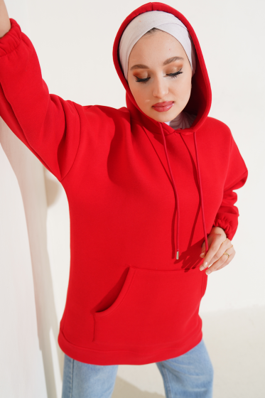 Kapüşonlu Oversize Üç İplik Tunik Kırmızı - Tunik