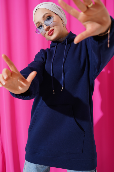 Kapüşonlu Oversize Üç İplik Tunik Lacivert - Tunik