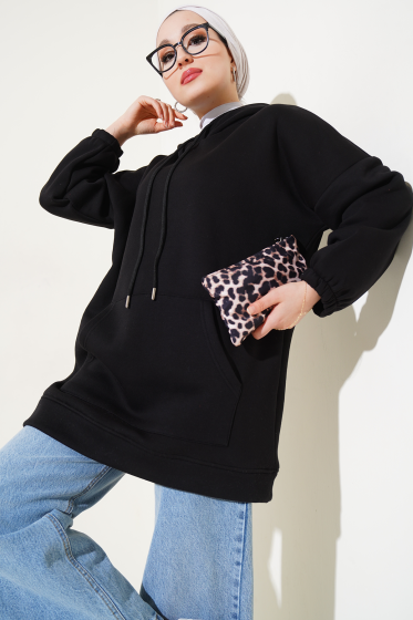 Kapüşonlu Oversize Üç İplik Tunik Siyah - Tunik