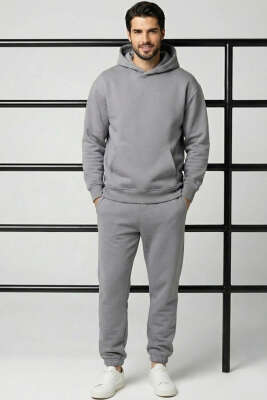 Kapüşonlu Paça Lastikli Eşofman Takımı Gri - Yeni Erkek Giyim
