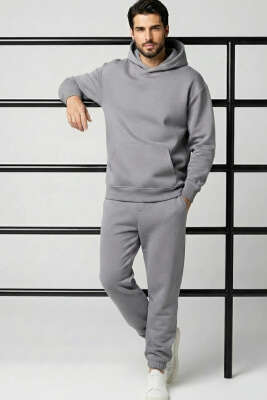 Kapüşonlu Paça Lastikli Eşofman Takımı Gri - ELFİDA TEKSTİL