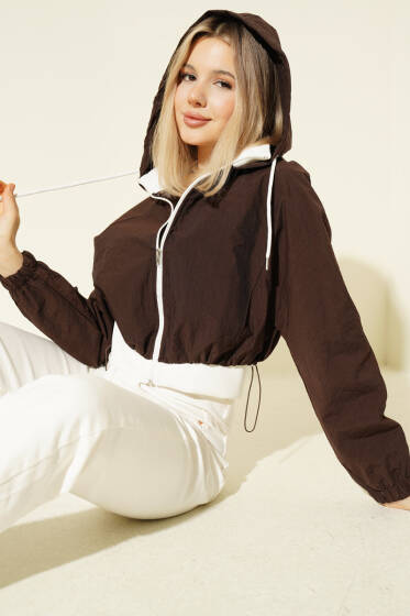 Kapüşonlu Paraşüt Crop Ceket Kahve - Kadın Giyim Modelleri