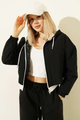 Kapüşonlu Paraşüt Crop Ceket Siyah - Kadın Giyim Modelleri