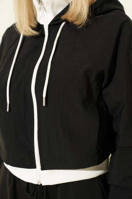 Kapüşonlu Paraşüt Crop Ceket Siyah - Kadın Giyim Modelleri