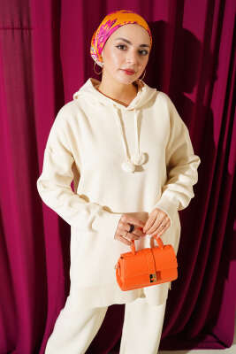 Kapüşonlu Ponponlu Triko İkili Takım Bej - İkili Takım