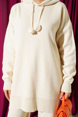 Kapüşonlu Ponponlu Triko İkili Takım Bej - İkili Takım