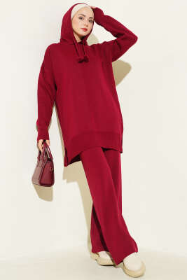 Kapüşonlu Ponponlu Triko İkili Takım Bordo 