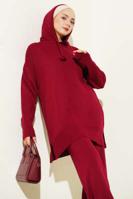 Kapüşonlu Ponponlu Triko İkili Takım Bordo - İkili Takım
