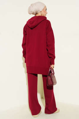 Kapüşonlu Ponponlu Triko İkili Takım Bordo - İkili Takım