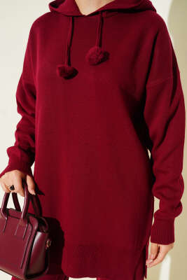 Kapüşonlu Ponponlu Triko İkili Takım Bordo - İkili Takım