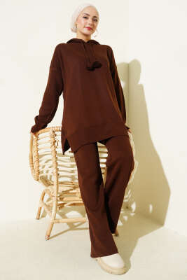 Kapüşonlu Ponponlu Triko İkili Takım Kahve 