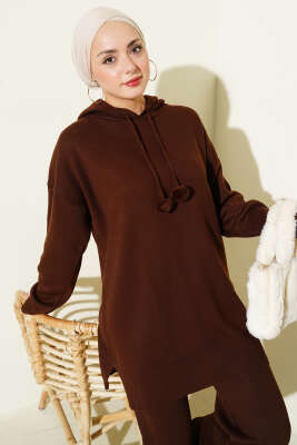 Kapüşonlu Ponponlu Triko İkili Takım Kahve - İkili Takım