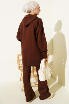 Kapüşonlu Ponponlu Triko İkili Takım Kahve - İkili Takım