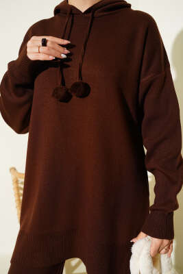 Kapüşonlu Ponponlu Triko İkili Takım Kahve - İkili Takım