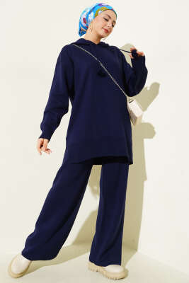Kapüşonlu Ponponlu Triko İkili Takım Lacivert - SUDE NAZ