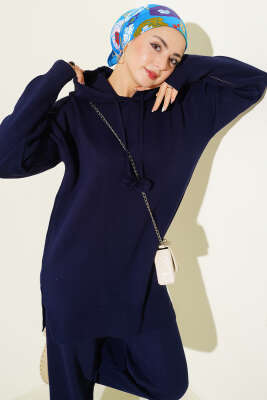 Kapüşonlu Ponponlu Triko İkili Takım Lacivert - İkili Takım