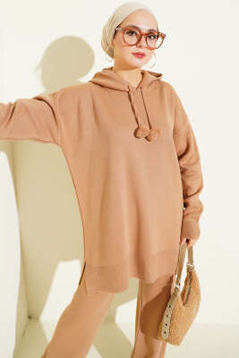 Kapüşonlu Ponponlu Triko İkili Takım Latte - İkili Takım