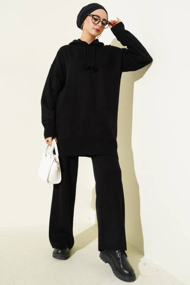 Kapüşonlu Ponponlu Triko İkili Takım Siyah - İkili Takım