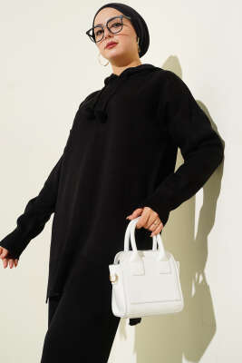 Kapüşonlu Ponponlu Triko İkili Takım Siyah - İkili Takım