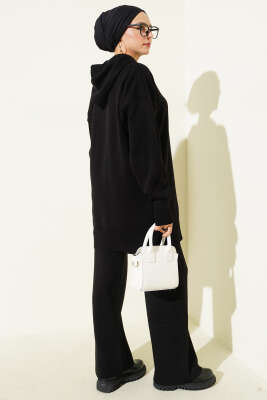 Kapüşonlu Ponponlu Triko İkili Takım Siyah - İkili Takım