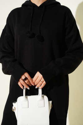 Kapüşonlu Ponponlu Triko İkili Takım Siyah - İkili Takım