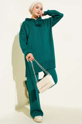 Kapüşonlu Ponponlu Triko İkili Takım Zümrüt - SUDE NAZ
