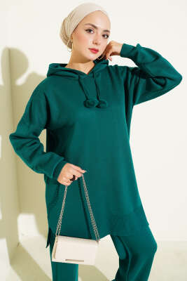 Kapüşonlu Ponponlu Triko İkili Takım Zümrüt - İkili Takım