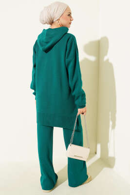 Kapüşonlu Ponponlu Triko İkili Takım Zümrüt - İkili Takım