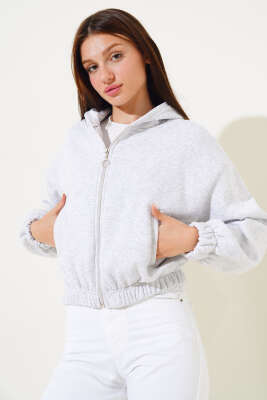 Kapüşonlu Şardonlu Kısa Hırka Gri - Kadın Giyim Modelleri