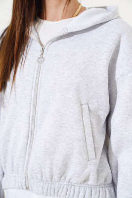 Kapüşonlu Şardonlu Kısa Hırka Gri - Kadın Giyim Modelleri