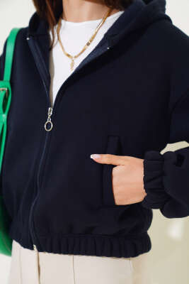 Kapüşonlu Şardonlu Kısa Hırka Lacivert - Kadın Giyim Modelleri