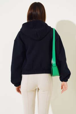 Kapüşonlu Şardonlu Kısa Hırka Lacivert - Kadın Giyim Modelleri