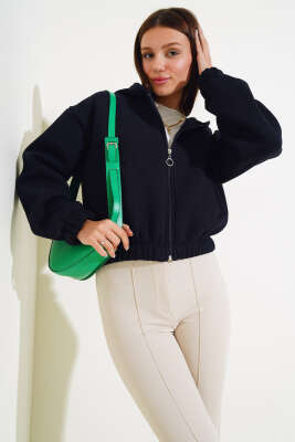 Kapüşonlu Şardonlu Kısa Hırka Lacivert - Kadın Giyim Modelleri