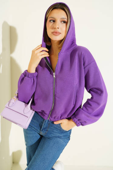 Kapüşonlu Şardonlu Kısa Hırka Menekşe - Kadın Giyim Modelleri