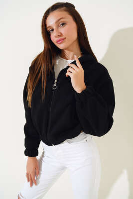 Kapüşonlu Şardonlu Kısa Hırka Siyah - Kadın Giyim Modelleri