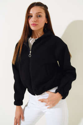 Kapüşonlu Şardonlu Kısa Hırka Siyah 