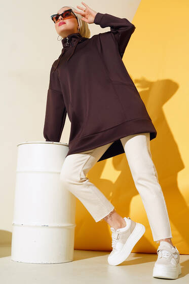 Kapüşonlu Scuba Tunik Kahve - Tunik