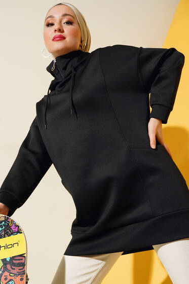 Kapüşonlu Scuba Tunik Siyah - Tunik