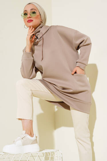 Kapüşonlu Scuba Tunik Vizon - Tunik