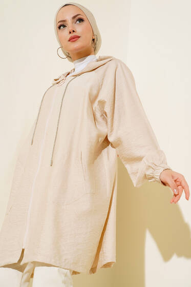 Kapüşonlu Simli Kap Bej - Trençkot