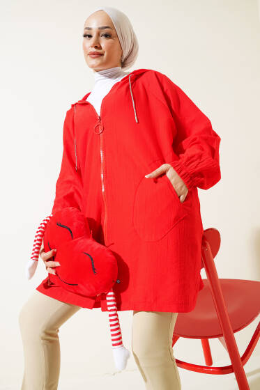 Kapüşonlu Simli Kap Kırmızı - Trençkot