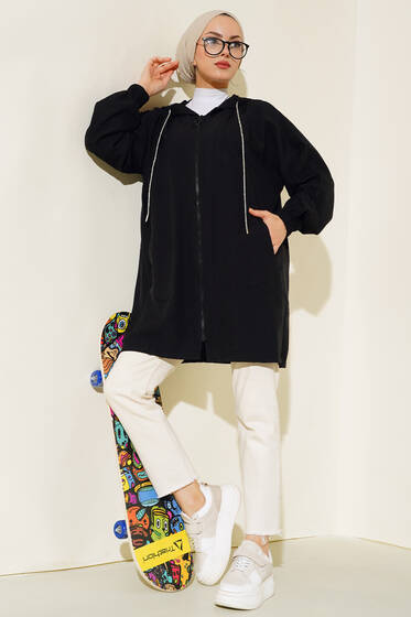 Kapüşonlu Simli Kap Siyah - Trençkot