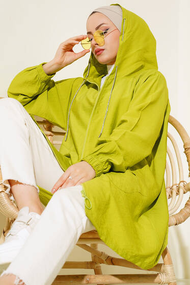 Kapüşonlu Simli Kap Yağ Yeşili - Trençkot