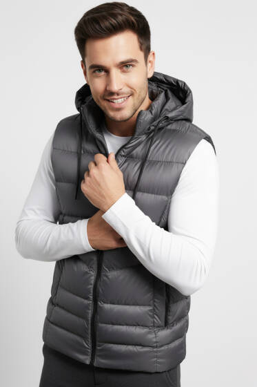 Kapüşonlu Şişme Erkek Yelek Füme - Erkek Yelek