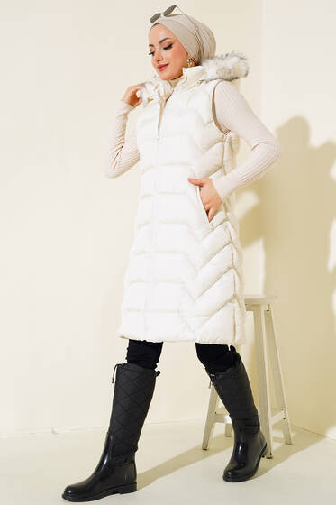 Kapüşonlu Şişme Yelek Ekru - Kadın Yelek