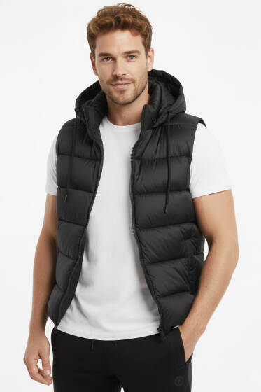Kapüşonlu Şişme Yelek Erkek Siyah - Erkek Yelek