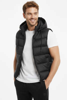 Kapüşonlu Şişme Yelek Erkek Siyah - Erkek Yelek