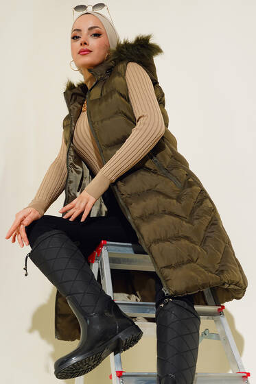 Kapüşonlu Şişme Yelek Haki - Kadın Yelek