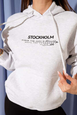 Kapüşonlu Stockholm Baskılı Sweatshirt Gri - Kadın Giyim Modelleri