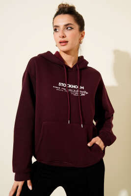 Kapüşonlu Stockholm Baskılı Sweatshirt Mürdüm 